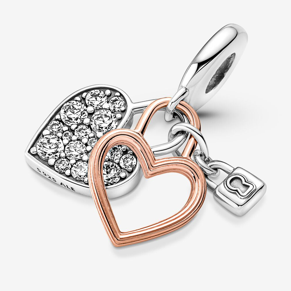 【Moments】PAN rose gold two-tone Heart Padlock Double Dangle Charm 925 silver 2022 pednat 780087C01