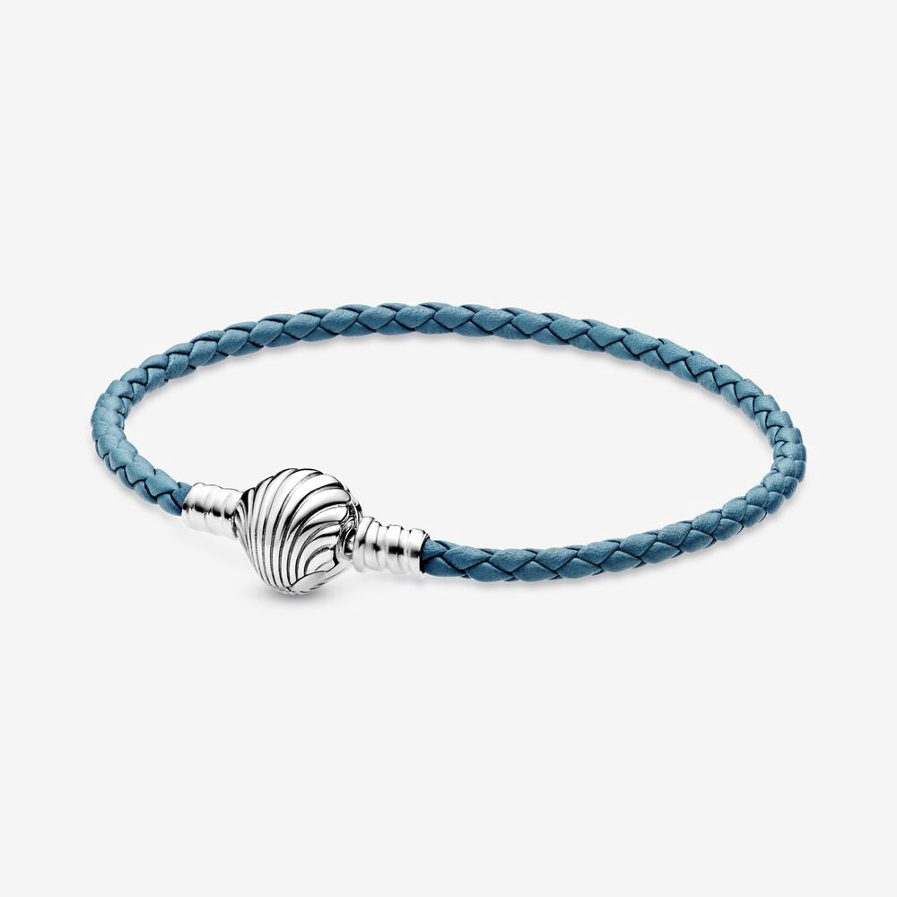 【Moments】 Seashell Clasp Turquoise Braided Leather Bracelet 925 silver women charm blue bracelet 598951C01