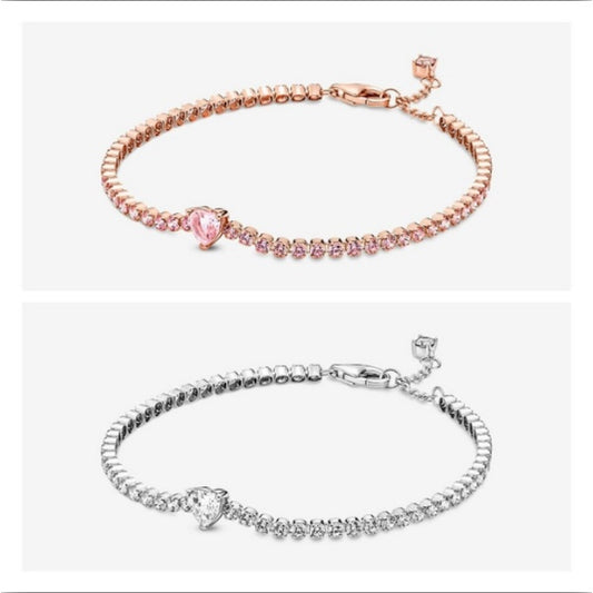 Pan Sparkling Heart Tennis Bracelet 580041C01 590041C01 925 silver women Zirconia pink rose gold