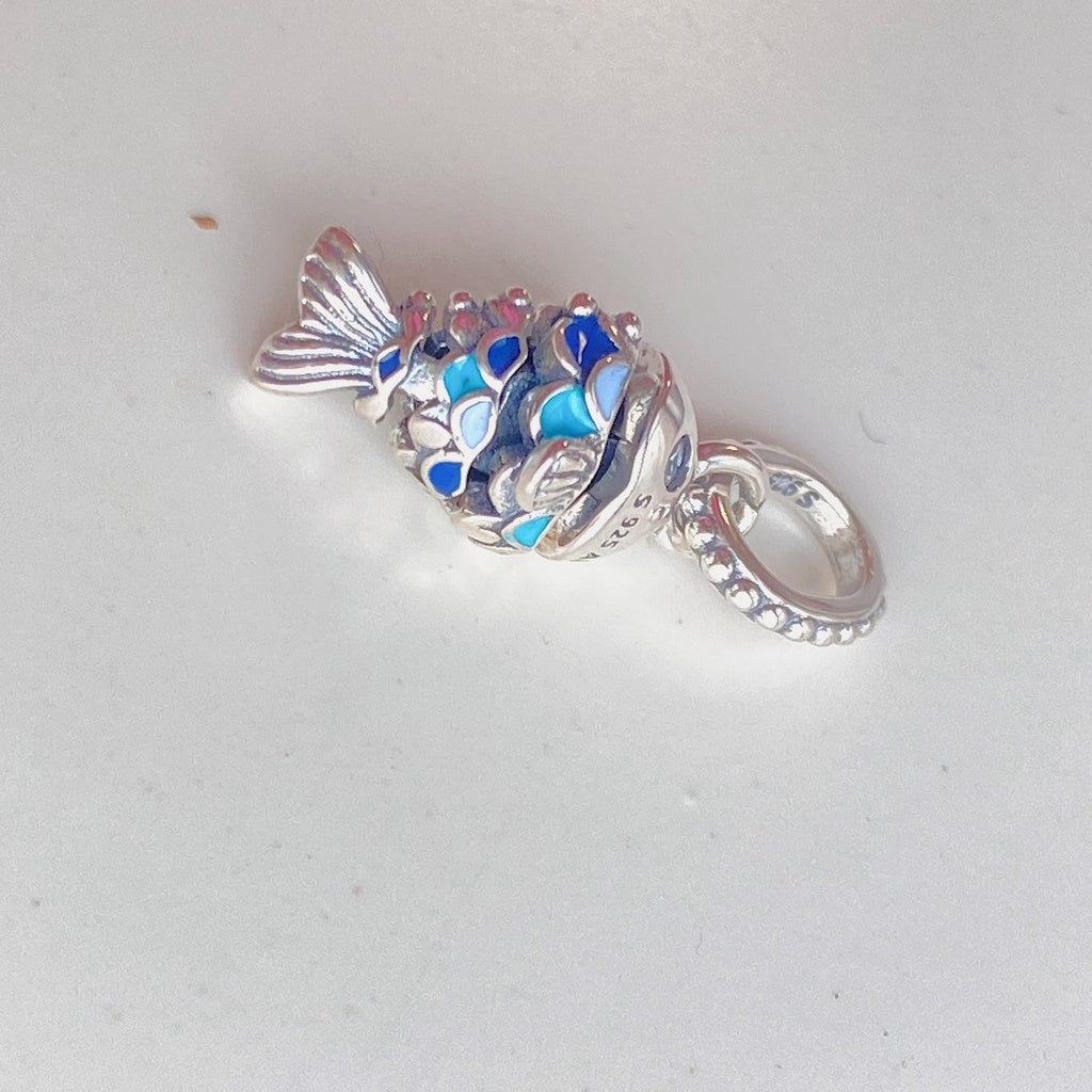 【Moments】PAN Blue Scaled Fish Dangle Charm 799428C01 925 Silver Movable joints pendant ocean animal