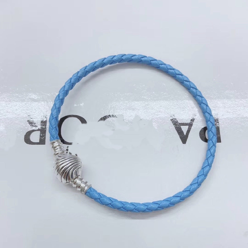 【Moments】 Seashell Clasp Turquoise Braided Leather Bracelet 925 silver women charm blue bracelet 598951C01