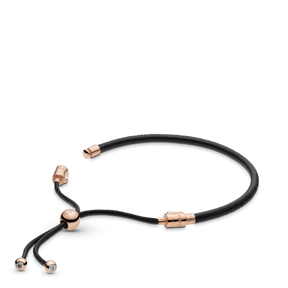 【Moments】PAN ROSE BLACK LEATHER SLIDING BRACELET 925 SILVER Rose Cubic Zirconia men women 588059CBK