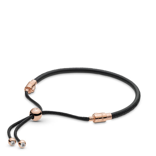 【Moments】PAN ROSE BLACK LEATHER SLIDING BRACELET 925 SILVER Rose Cubic Zirconia men women 588059CBK