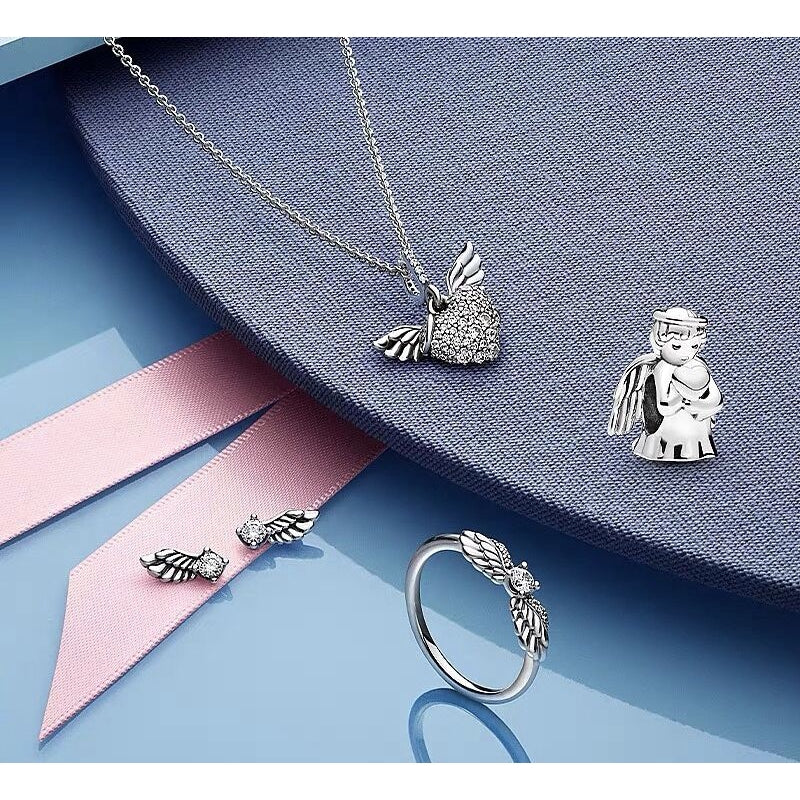 【Moments】Pan Pavé Heart and Angel Wings Charm 925 Silver for women pendant 398505C01 398505C02