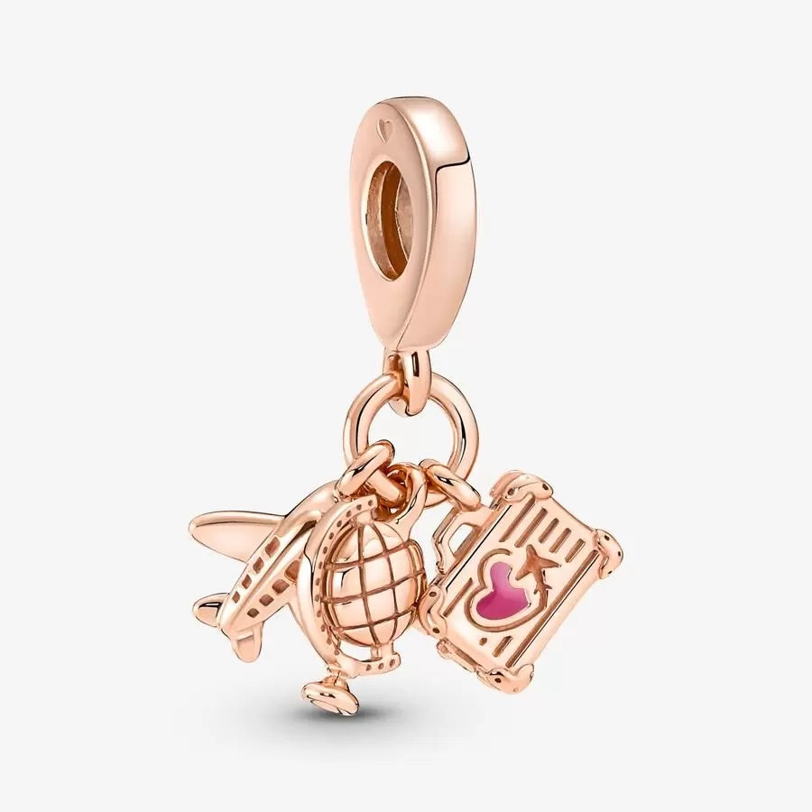 【Moments】Pan Airplane, Globe & Suitcase Triple Dangle Charm Air rose gold pedant 799435C01 789435C01