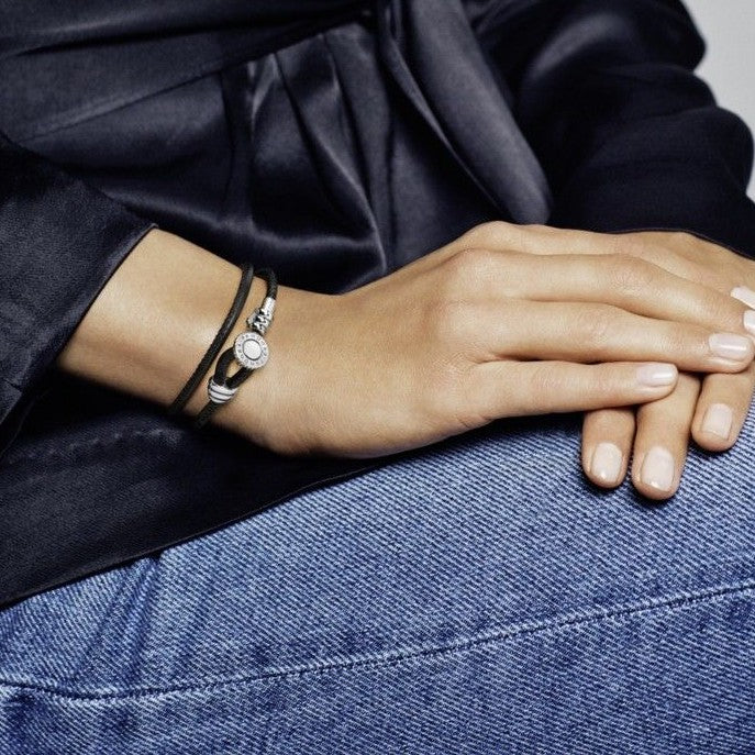 【Moments】MOMENTS BLACK DOUBLE LEATHER BRACELET 925 silver  for pan 597194CBK