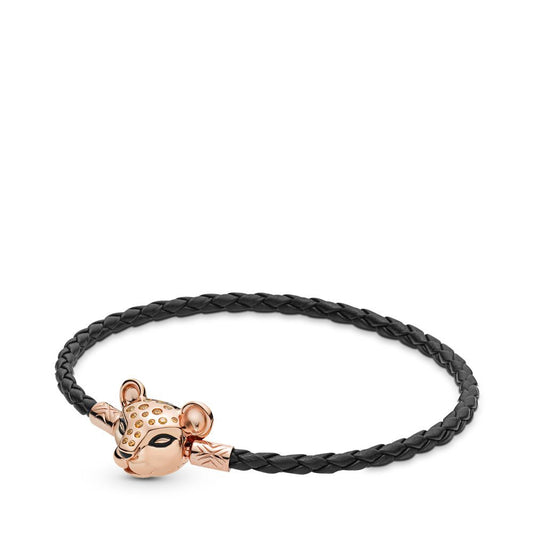 【Moments】PAN BLACK LEATHER BRACELET WITH PAN ROSE LIONESS CLASP BLACK 588053CBK rose gold