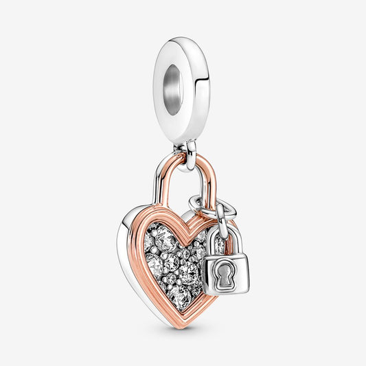 【Moments】PAN rose gold two-tone Heart Padlock Double Dangle Charm 925 silver 2022 pednat 780087C01