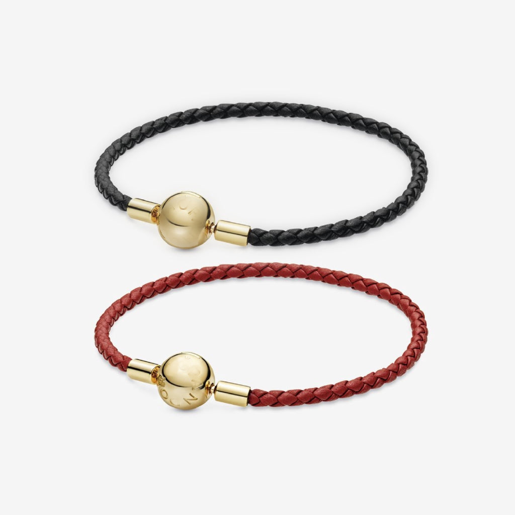 【Moments】Pan Moments Black Woven Leather Bracelet red black 568777C02 5568777C01