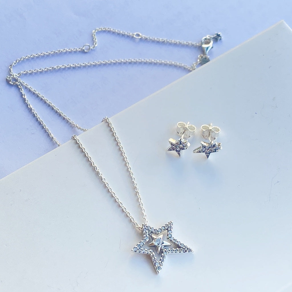 PAN Pavé Asymmetric Star Collier Necklace 925 Silver Necklace 390020C01 pendant chain