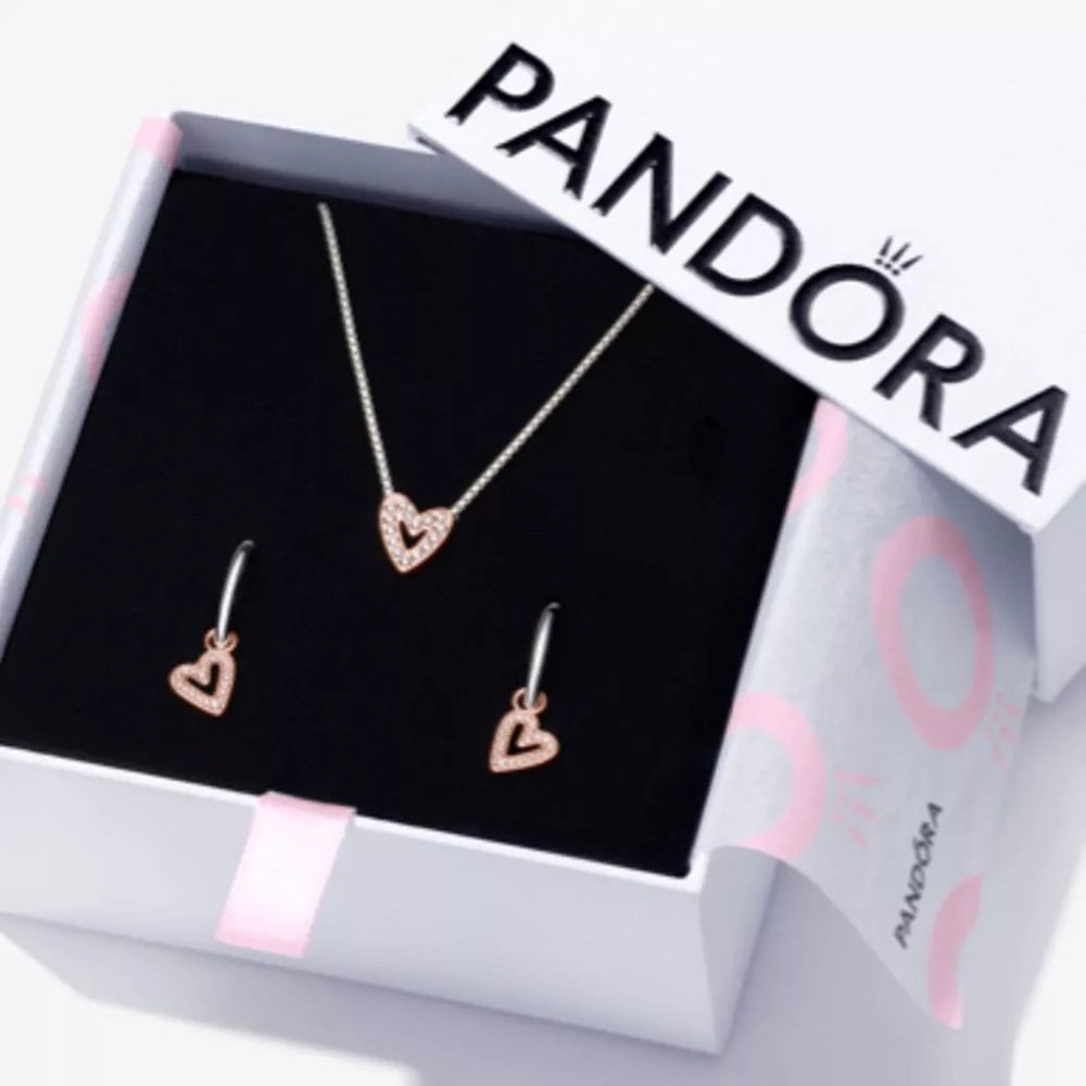 Pan Sparkling Freehand Heart Necklace and Earring Set 925 silver Rose gold two-tone 380089C01