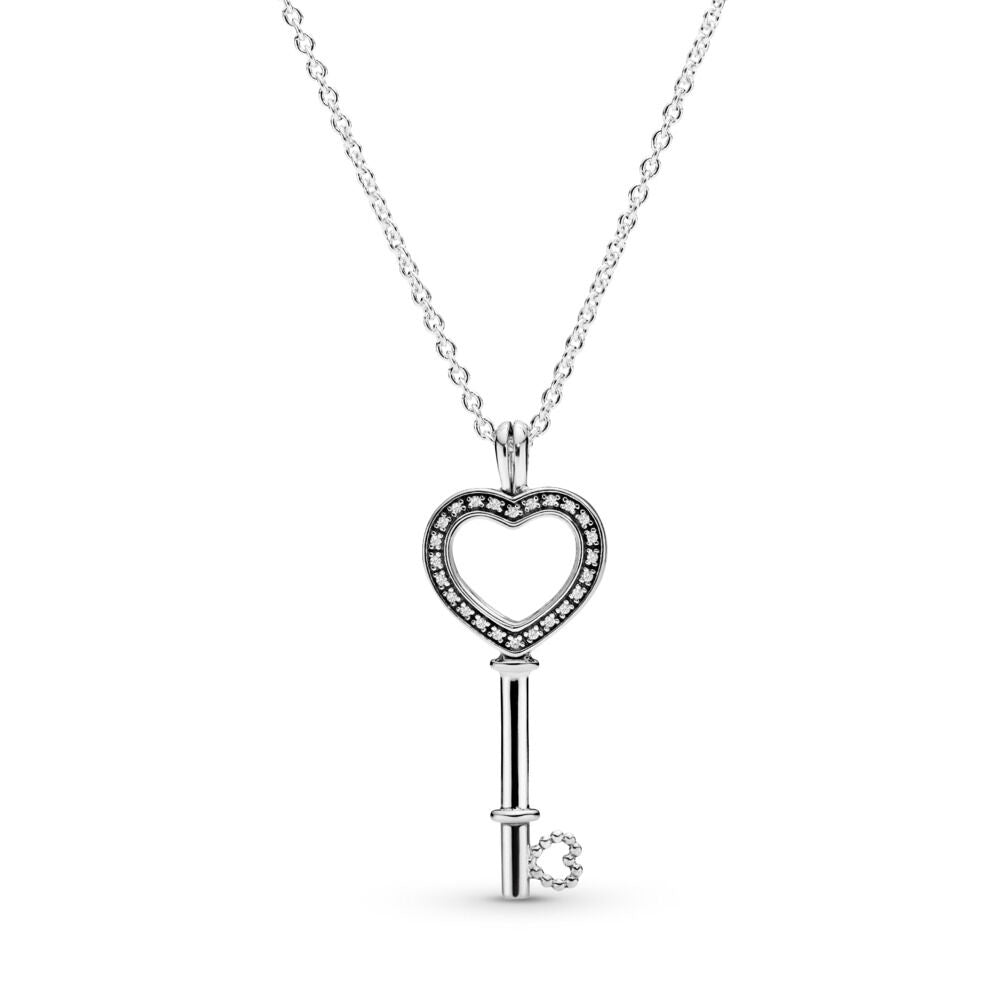 PAN FLOATING LOCKET HEART KEY NECKLACE 925 silver Pendant for women chain 396581CZ