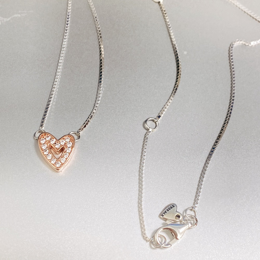 Pan Sparkling Freehand Heart Necklace and Earring Set 925 silver Rose gold two-tone 380089C01