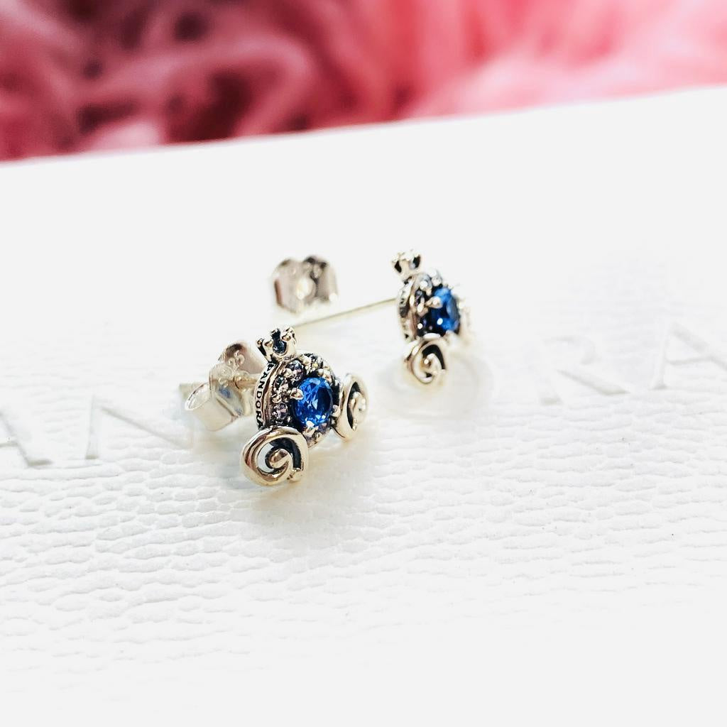 PAN Disny Cinderella Pumpkin Coach Stud Earrings 299193C01 925 Sterling Silver blue crown