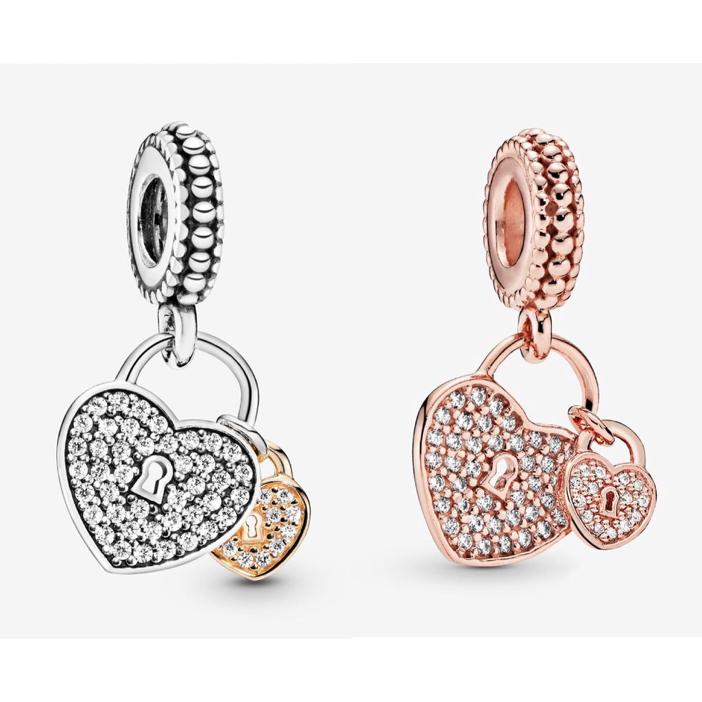 【Moments】PAN Pavé Heart Padlocks Dangle Charm pendant rose gold Two Tone Lock 791807CZ 781807CZ