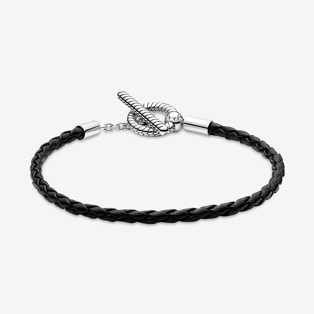 【Moments】 Braided Leather T-bar Bracelet 925 silver Black couples bracelet for women Men 591675C01-S