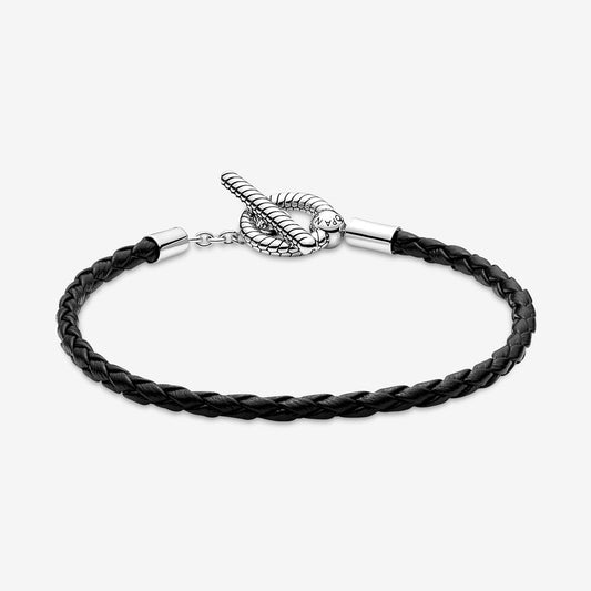 【Moments】 Braided Leather T-bar Bracelet 925 silver Black couples bracelet for women Men 591675C01-S