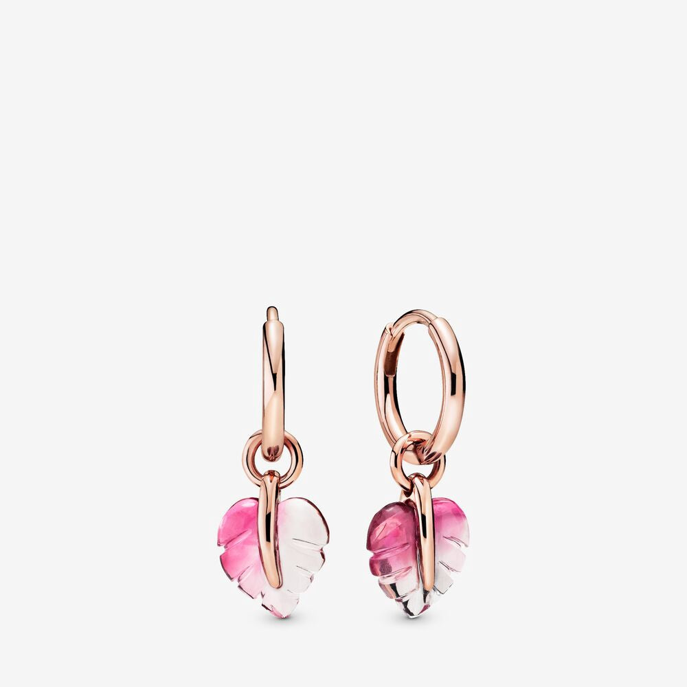 Pan Rose Pink Murano Glass Leaf Hoop Earrings 925 silver Glass for women rose gold 288317PMU