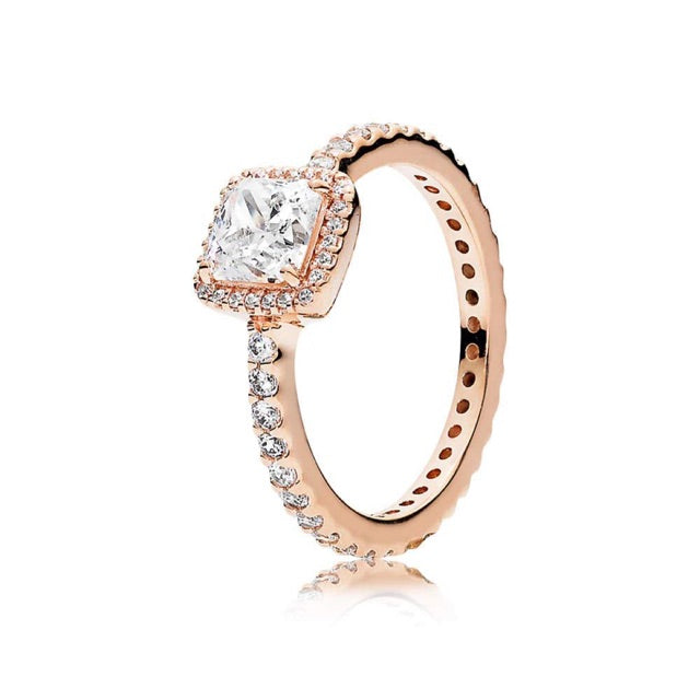 Pan Square Sparkle Halo Ring Rose gold Ring 925 silver gold Classic style 190947CZ 180947CZ 150188CZ