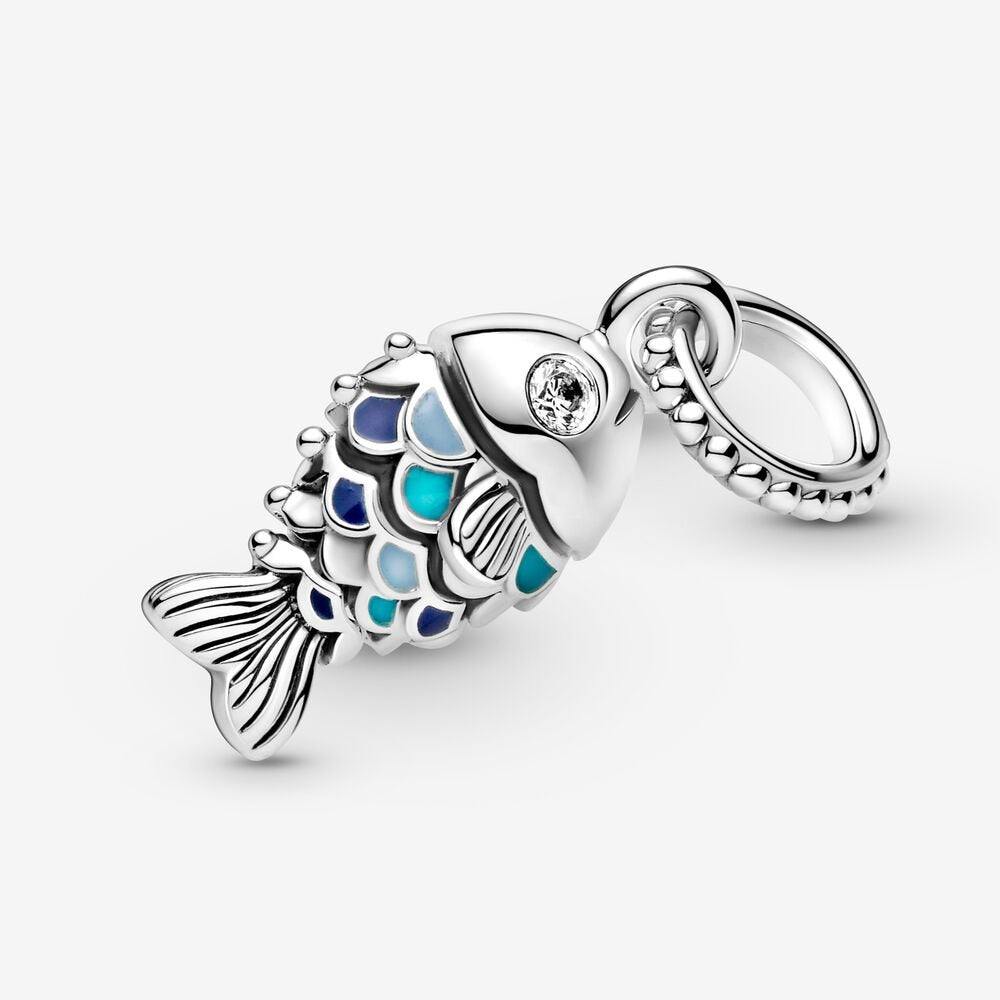 【Moments】PAN Blue Scaled Fish Dangle Charm 799428C01 925 Silver Movable joints pendant ocean animal