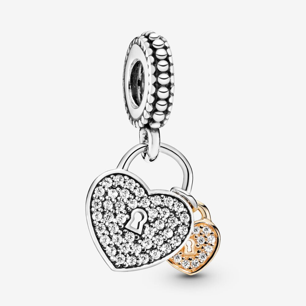 【Moments】PAN Pavé Heart Padlocks Dangle Charm pendant rose gold Two Tone Lock 791807CZ 781807CZ