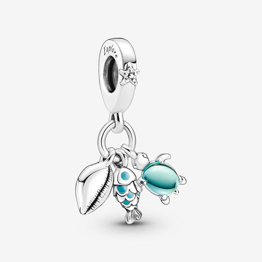 【Moments】Pan Fish, Sea Turtle & Conch Triple Dangle Charm 791697C01 Marine animal