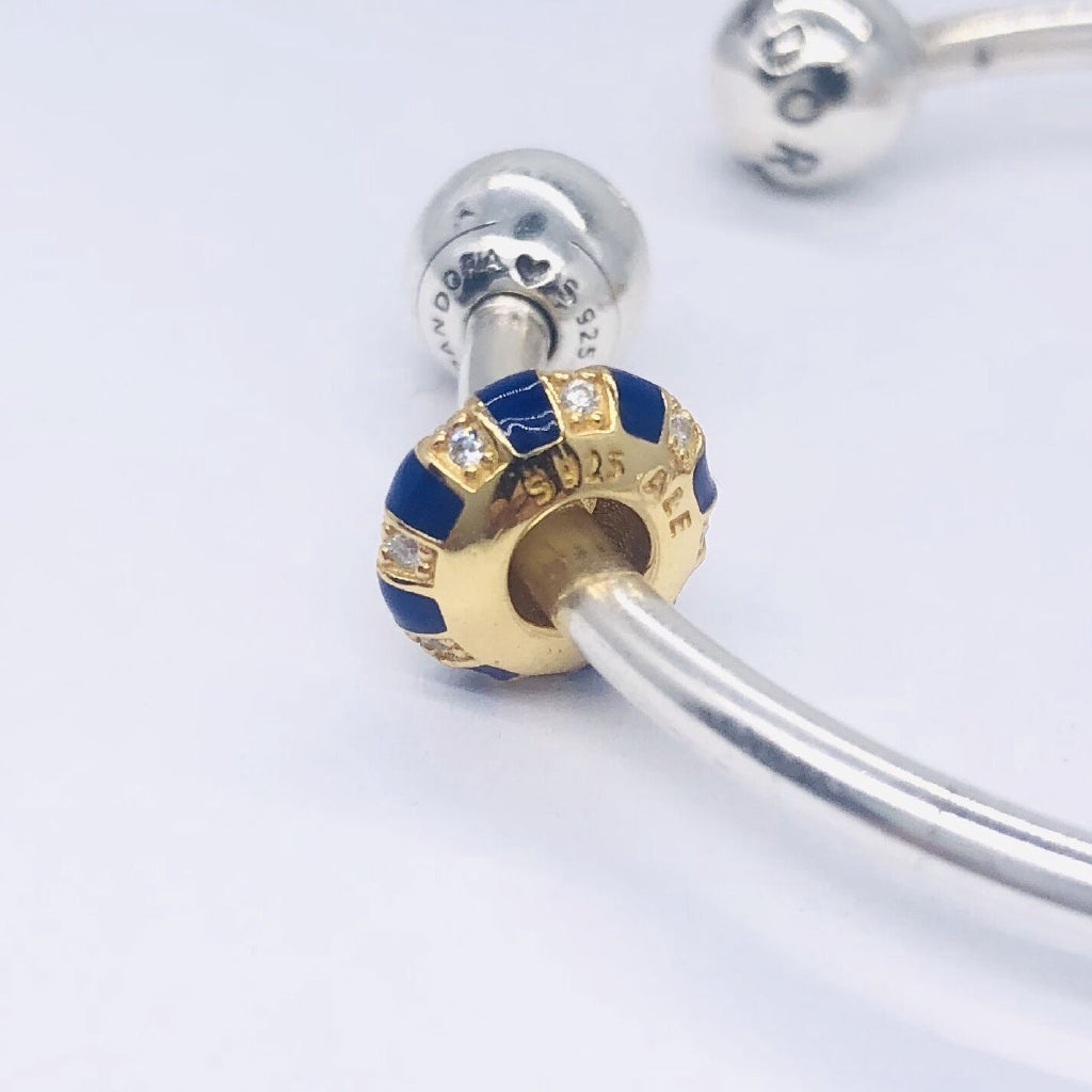 【Moments】Pan Exotic Stones & Stripes Spacer  925 Silver  for women GOLD blue 768029CZ