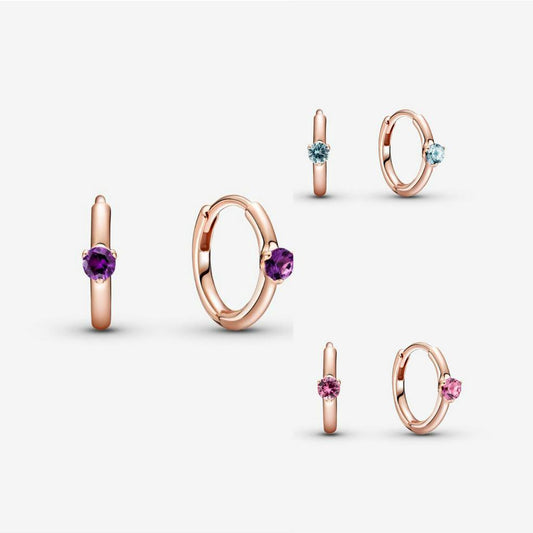 PAN Light Blue Pink Purple Solitaire Huggie Hoop Earrings 289304C01 289304C02 289304C03 Rose gold