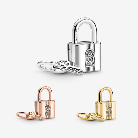 【Moments】PAN Padlock and Key Dangle Charm Pendant 2in1 Set 925 Silver ROSE Gold heart 790088C01