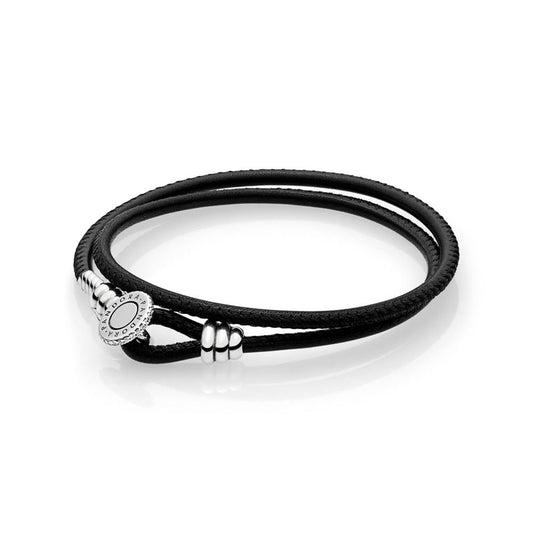 【Moments】MOMENTS BLACK DOUBLE LEATHER BRACELET 925 silver  for pan 597194CBK