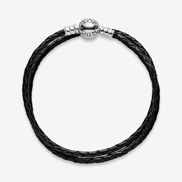 【Moments】PAN Moments Double Black Leather Bracelet 925 silver  for man women 590745CBK-D Star Wars