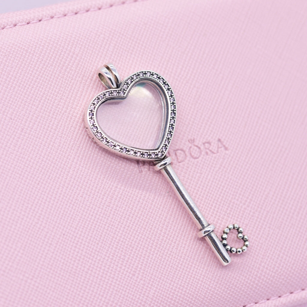 PAN FLOATING LOCKET HEART KEY NECKLACE 925 silver Pendant for women chain 396581CZ