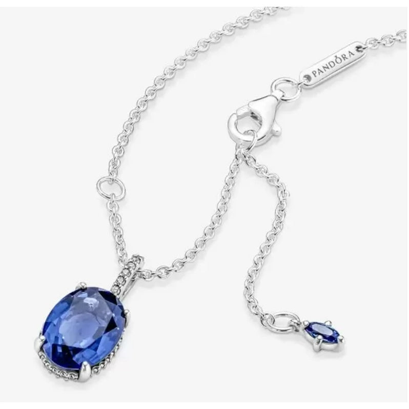 Pan Sparkling Statement Halo Pendant Necklace 390055C01 925 silver diamond Necklac blue