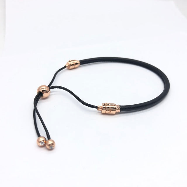 【Moments】PAN ROSE BLACK LEATHER SLIDING BRACELET 925 SILVER Rose Cubic Zirconia men women 588059CBK