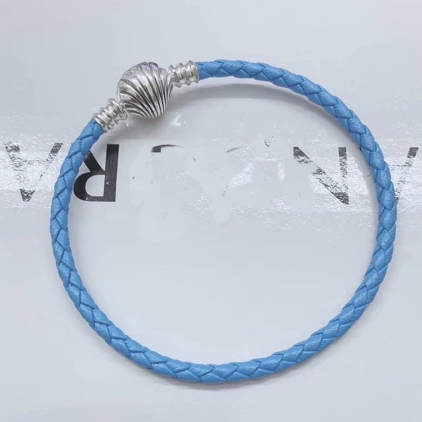 【Moments】 Seashell Clasp Turquoise Braided Leather Bracelet 925 silver women charm blue bracelet 598951C01