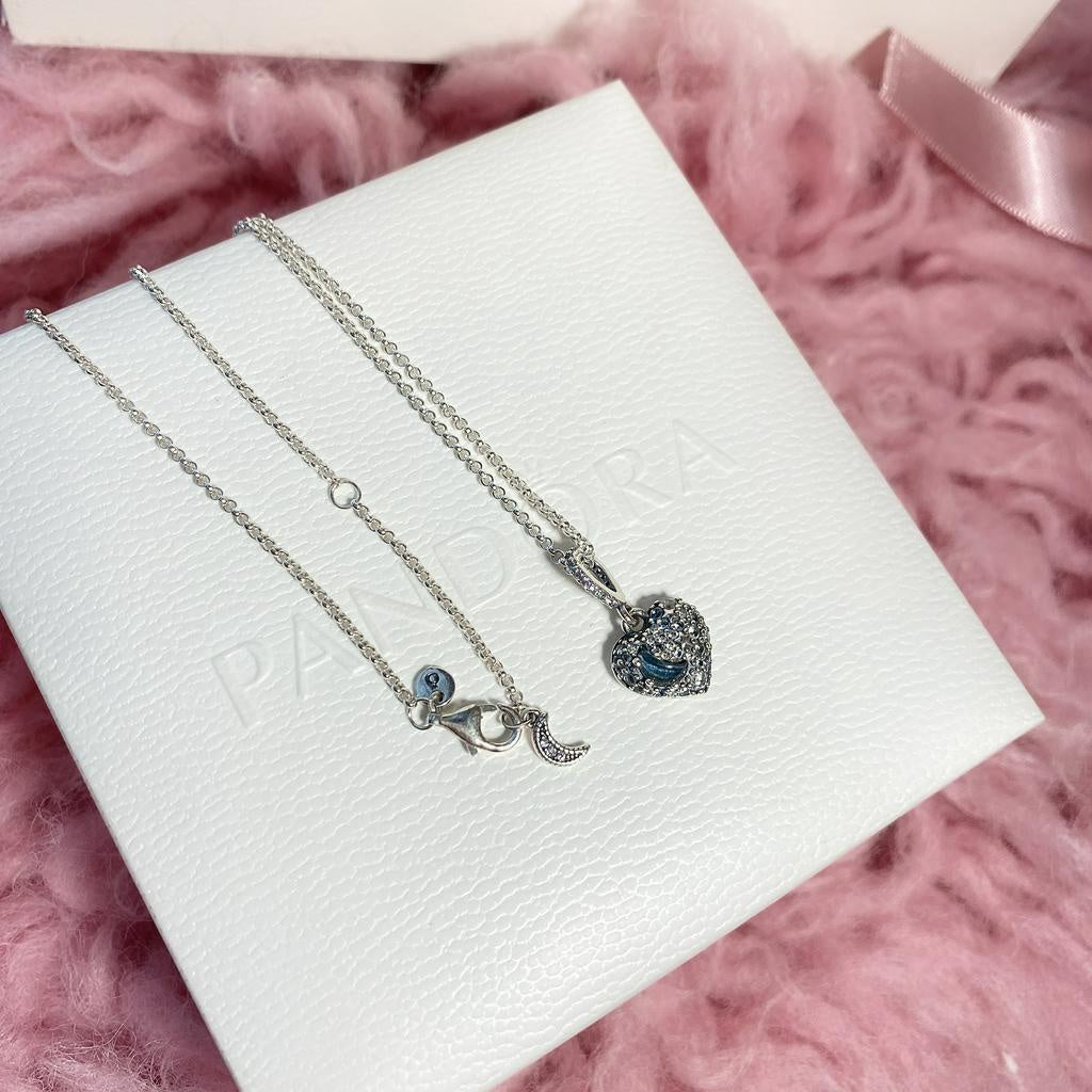 PAN Sparkling Blue Moon & Stars Heart Necklace 925 silver  399232C01 penant&chain with stone