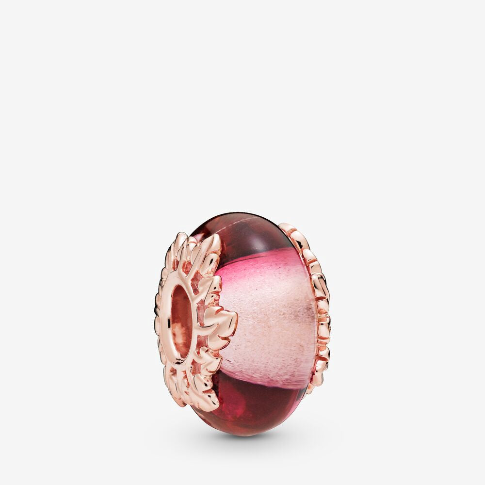 【MOMENTS】Pan Rose Pink Murano Glass & Leaves Charm 925 Silver rose gold for women  788244