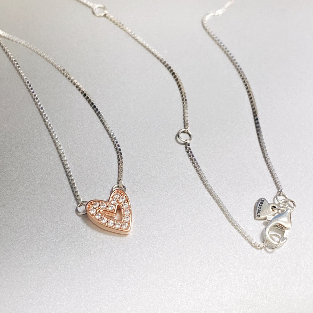 Pan Sparkling Freehand Heart Necklace 925 silver circle diamond Necklac 380089C01 rose gold heart