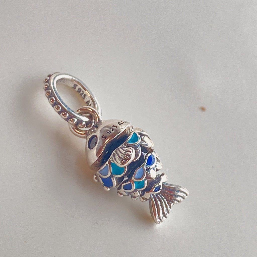 【Moments】PAN Blue Scaled Fish Dangle Charm 799428C01 925 Silver Movable joints pendant ocean animal