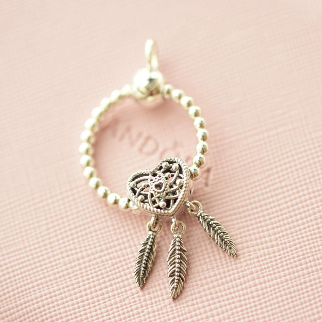 【Moments】PAN Openwork Heart & Three Feathers Dreamcatcher Charm 799107C00 pendant  925 silver