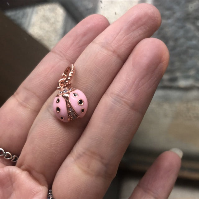 【Moments】Rose Lucky Pink Ladybird Necklace Pendant 925 silver lady bug charm for pan 387909EN160