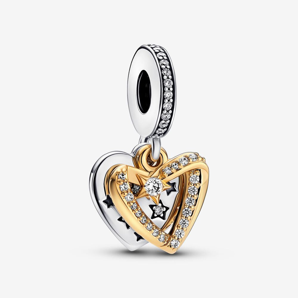 【Moments】Pan Star Hearts Double Dangle Charm gold pendant 925 silver 762203C01 two-tone