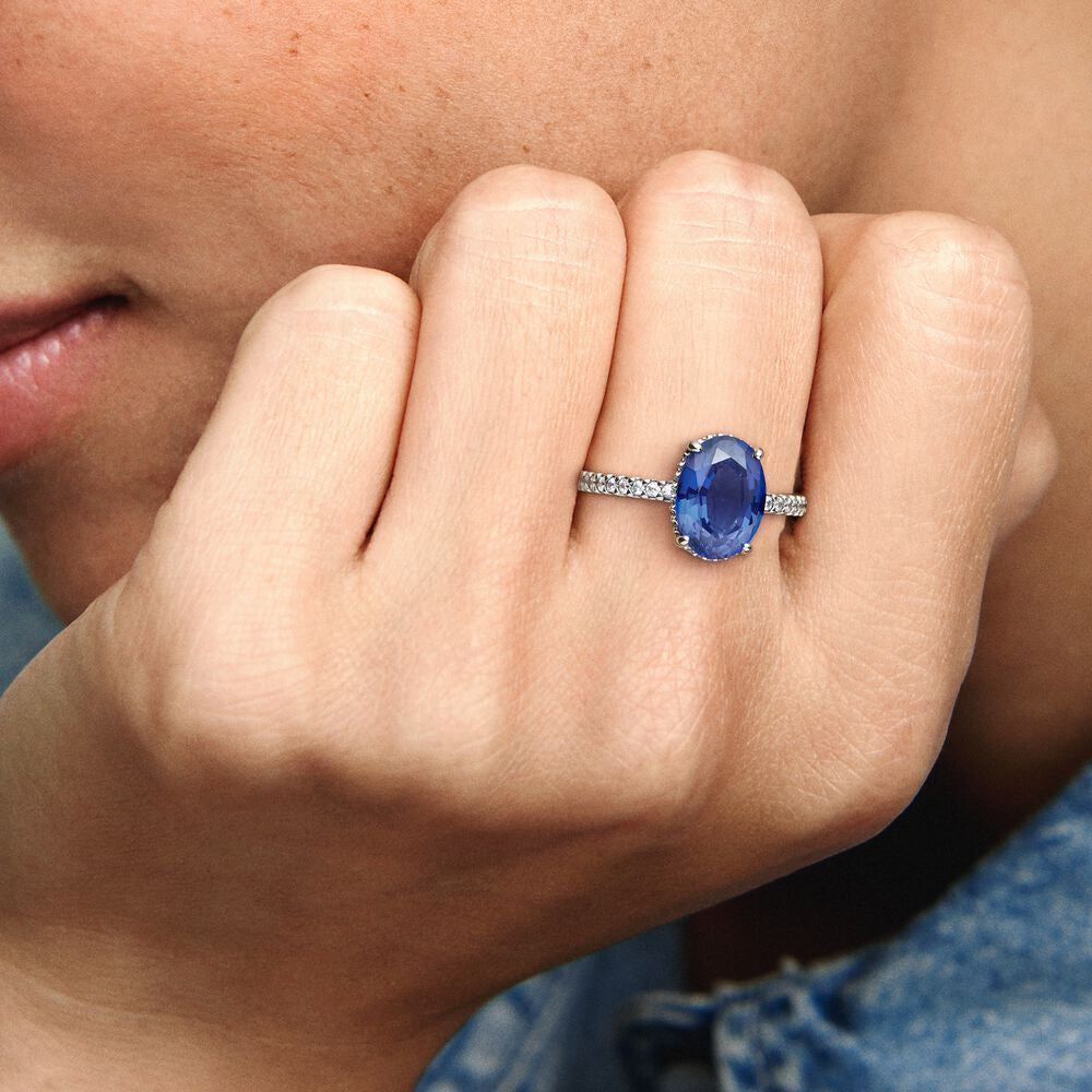 PAN Sparkling Statement Halo Ring 925 silver 190056C01 blue oval man-made crystal stone ring