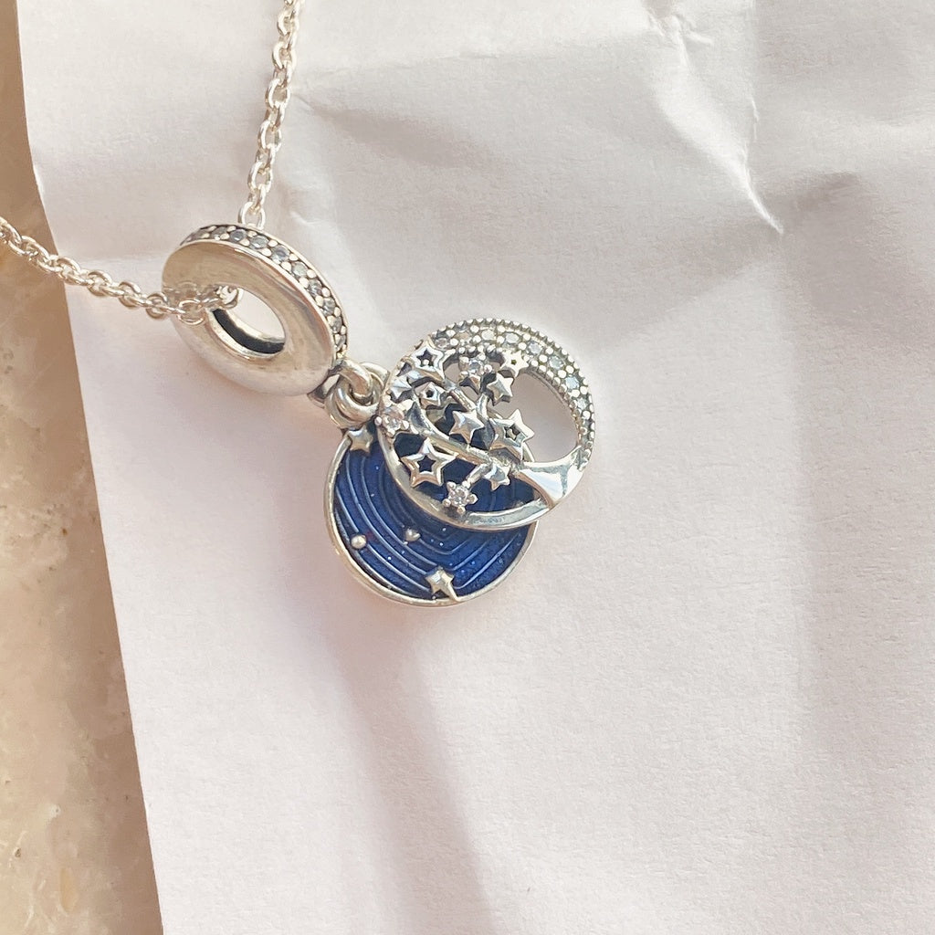 【Moments】PAN Double Dangle Tree & Galaxy Moon Charm Sterling 925 silver blue pednant 799645C01