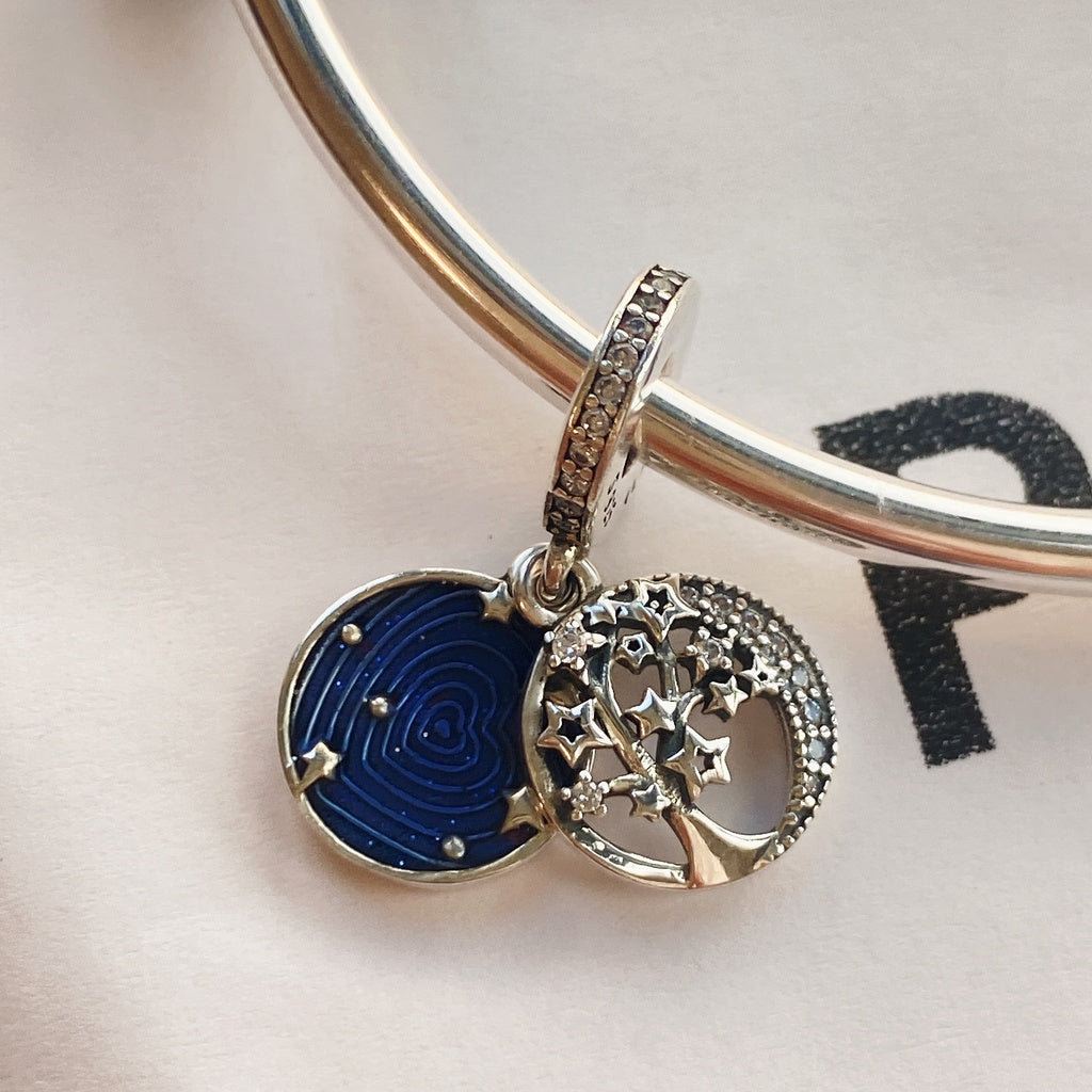 【Moments】PAN Double Dangle Tree & Galaxy Moon Charm Sterling 925 silver blue pednant 799645C01