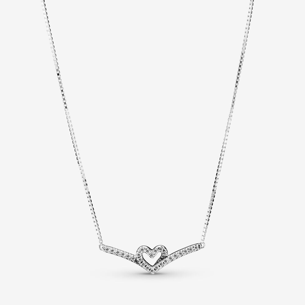 Pan Sparkling Wishbone Heart Collier Necklace 925 silver diamond 399273C01