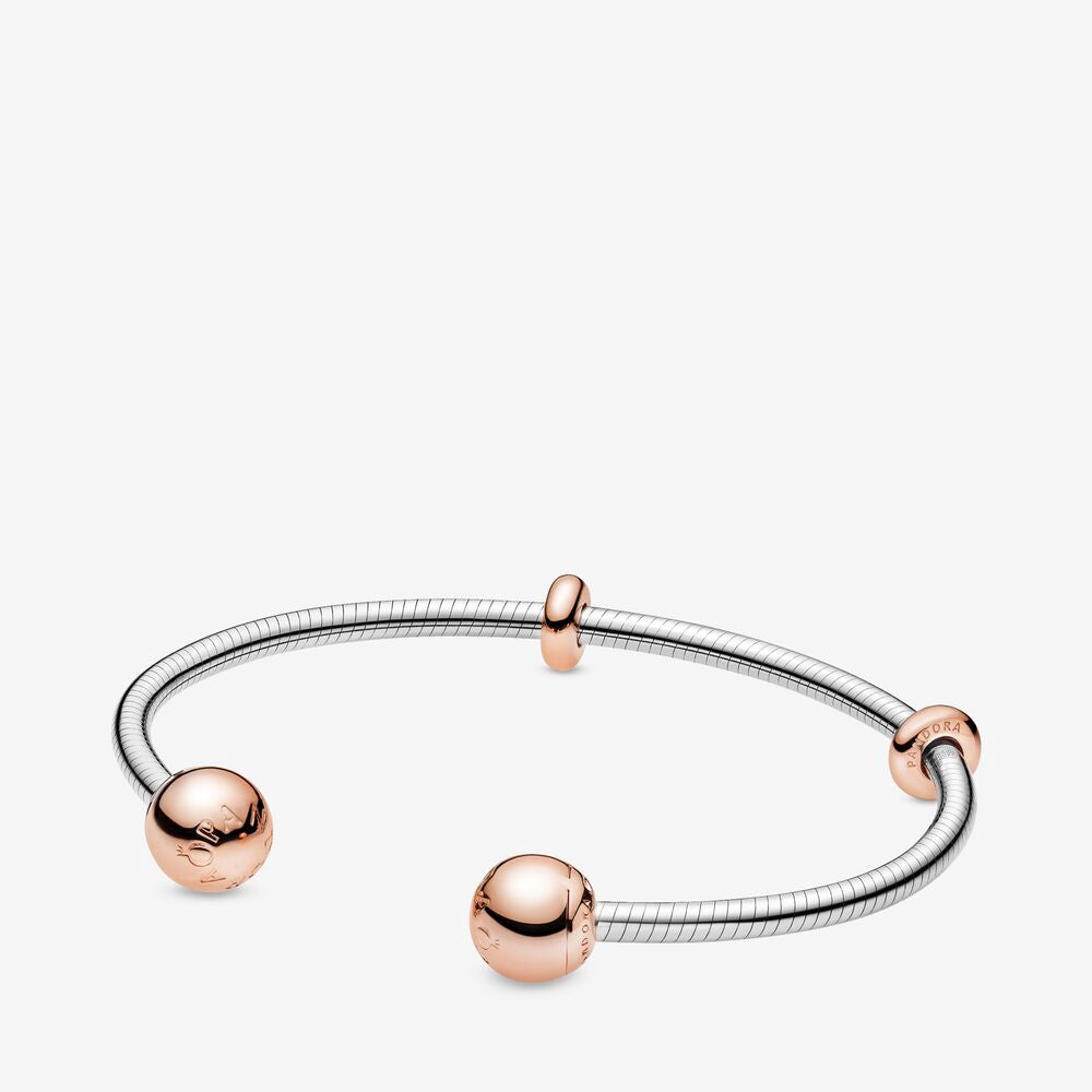 【Moments】Pan Moments Open Bangle 925 silver women BRACELET Rose Snake Chain Style Open Bangle 596477 588291