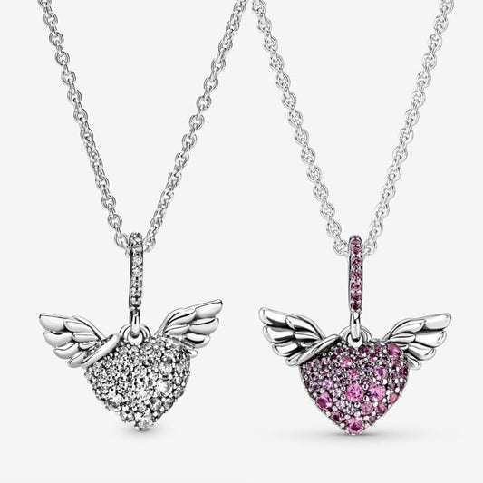 PAN Pavé Heart & Angel Wings Necklace 925 silver Timeless Necklace for women pink 398505C02