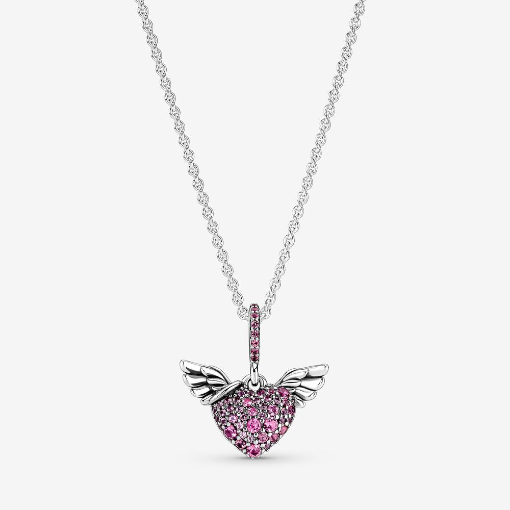 PAN Pavé Heart & Angel Wings Necklace 925 silver Timeless Necklace for women pink 398505C02