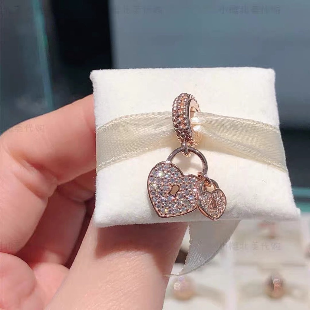 【Moments】PAN Pavé Heart Padlocks Dangle Charm pendant rose gold Two Tone Lock 791807CZ 781807CZ